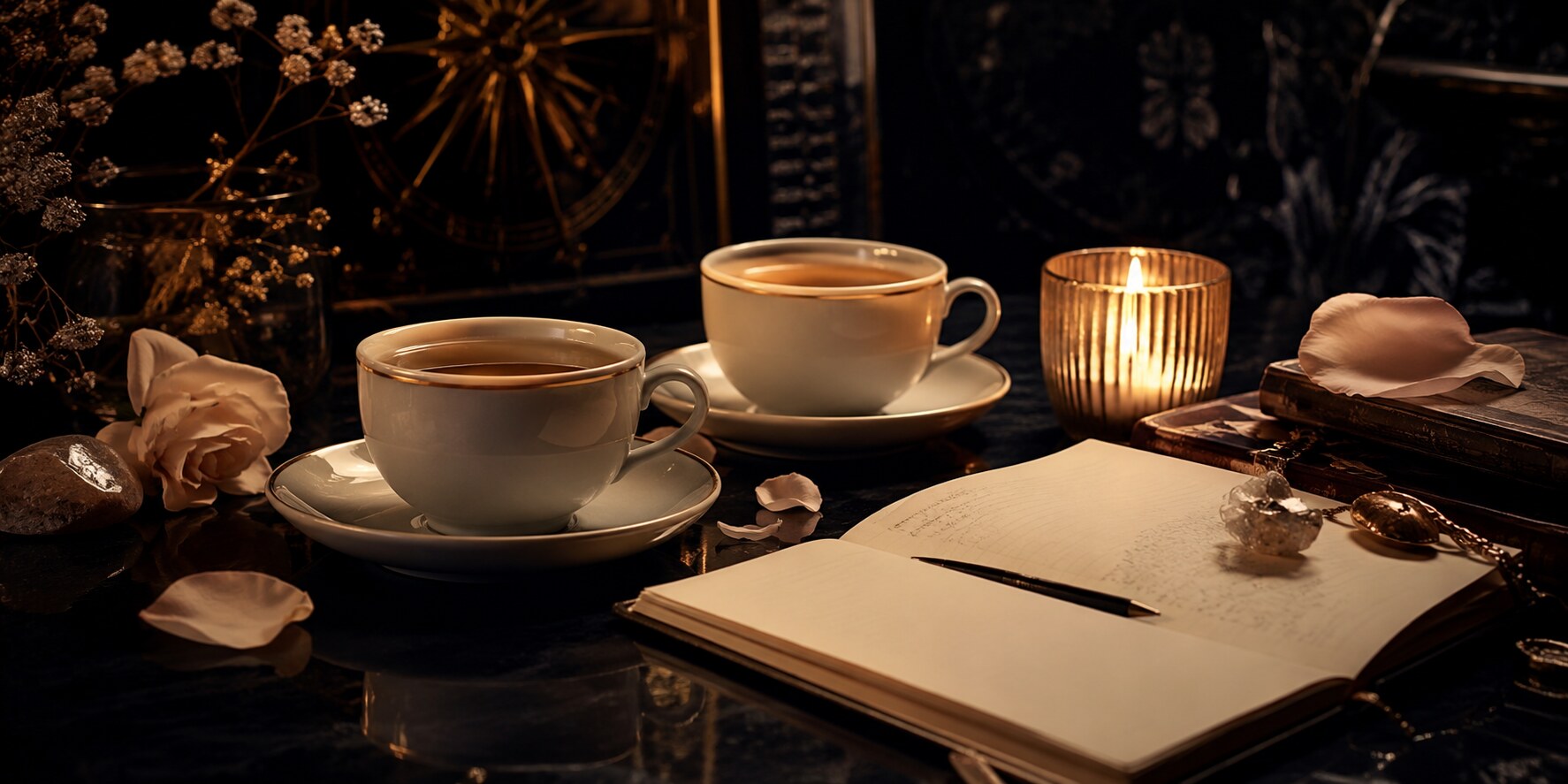 Ambiance de voyance sentimentale avec bougie et carnet